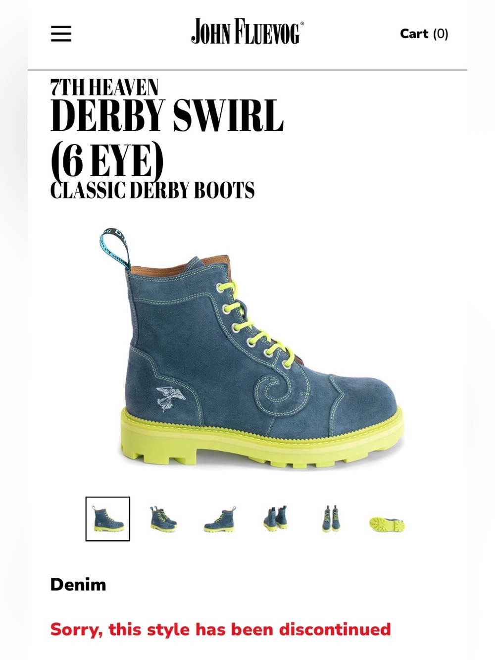 John Fluevog Denim Suede Derby Boot with Neon Yellow Sole